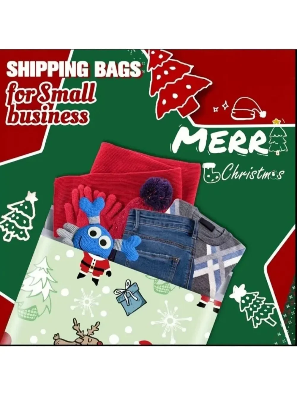 Ten Festive Santa and Reindeer 14.5x19 Inch Mint Green Poly Mailer